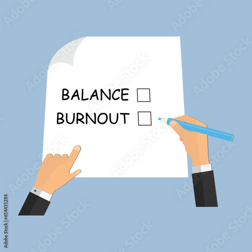 Hand with pen ready to fill out a paper checklist with the words burnout and balance