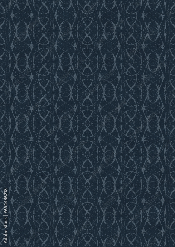 Hand-drawn unique abstract symmetrical seamless ornament. Light blue on a deep blue background. Paper texture. Digital artwork, A4. (pattern: p10-4f) Hand-drawn unique abstract symmetrical seamless ornament. Light blue on a deep blue background. Paper texture. Digital artwork, A4. (pattern: p10-4f)
