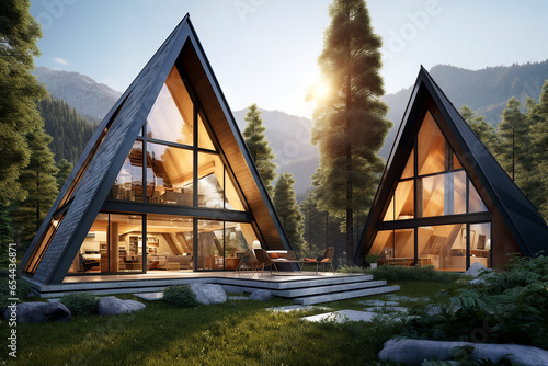 Private summer houses in the shape of triangles located in mountains, in traingular shape photo