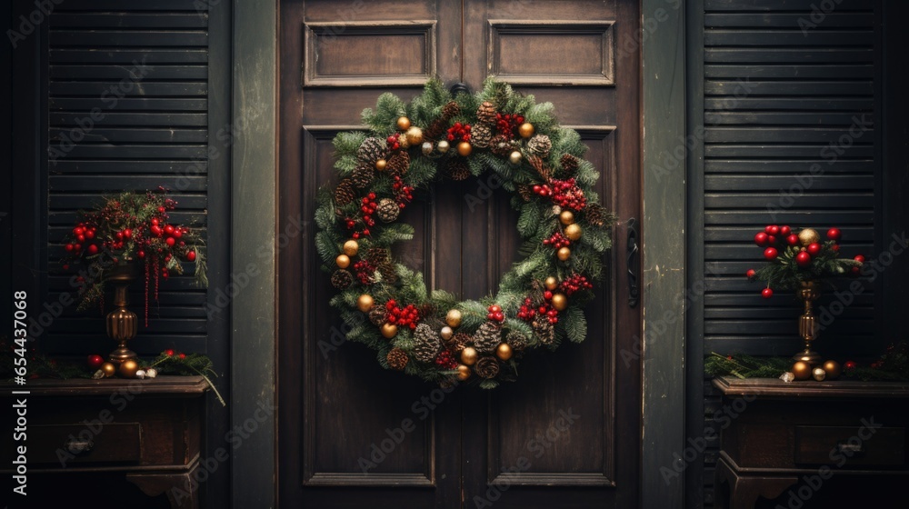 Christmas Farmhouse Wreath Decoration on wooden wall, door. Farmhouse Style Home Welcome Wreath for Happy Holidays Christmas Farmhouse Wreath Decoration on wooden wall, door. Farmhouse Style Home Welcome Wreath for Happy Holidays