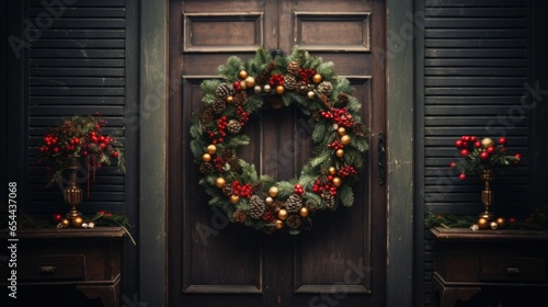 Christmas Farmhouse Wreath Decoration on wooden wall, door. Farmhouse Style Home Welcome Wreath for Happy Holidays