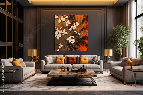 Traditional interior design for a modern living room featuring an elegant sofa, artwork, table, and stylish decor