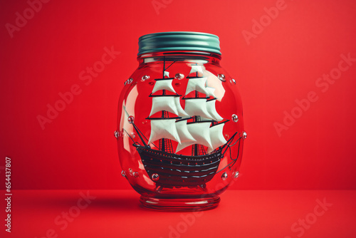 sailing ship decoration in a beautiful glass jar on a red background photo