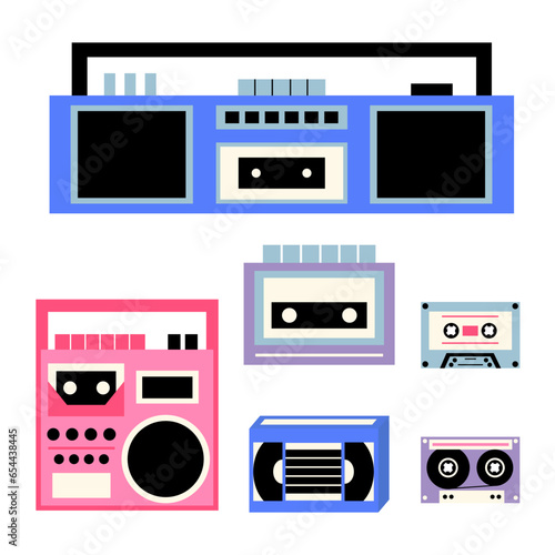 Vector classic 80s and 90s music gadgets set. Flat style retro elements 90s and 80s. Vecftor boombox, tape recorder, record player, audio cassette, vhs cassette