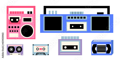 Vector classic 80s and 90s music gadgets set. Flat style retro elements 90s and 80s. Vecftor boombox, tape recorder, record player, audio cassette, vhs cassette