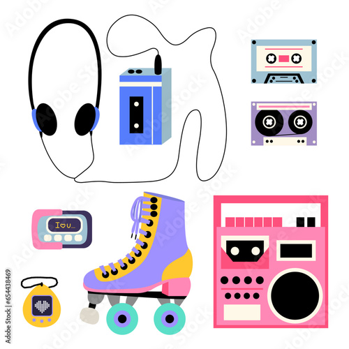 Classic 90s and 80s gadgets vector set. Flat style game console, audio cassette, recorder tape, floppy disk, vhs cassette, portable pet game and roller skate photo