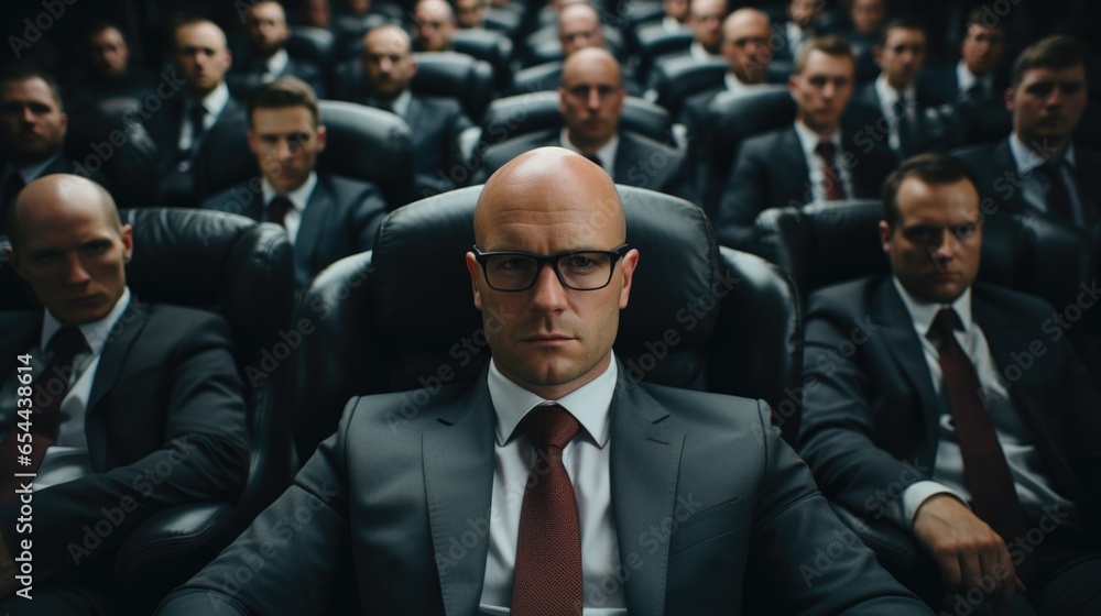 Company leader and colleagues exude confidence while seated in leather chairs, gazing ahead. Company leader and colleagues exude confidence while seated in leather chairs, gazing ahead.