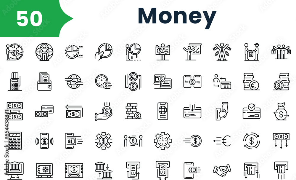 Set of outline money icons. Vector icons collection for web design, mobile apps, infographics and ui