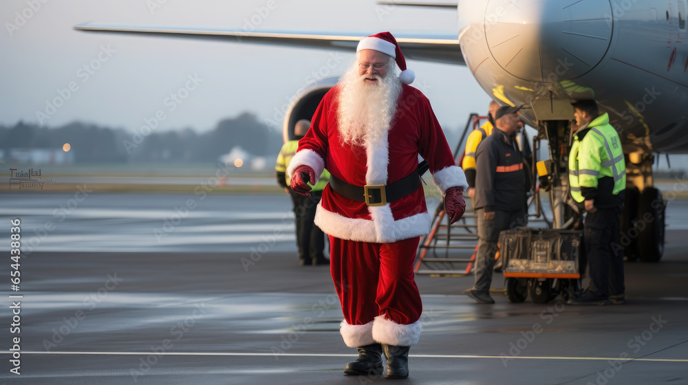 Generative AI, cheerful Santa Claus smiling against the background of a large passenger plane on the runway at the airport, new year, birth, holiday travel, air transport, fairy-tale character, winter - obrazy, fototapety, plakaty 