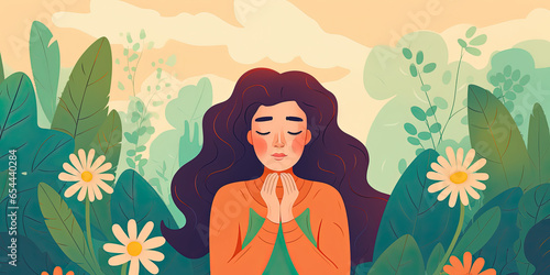 Peaceful woman praying and meditating outdoors with plants in the background