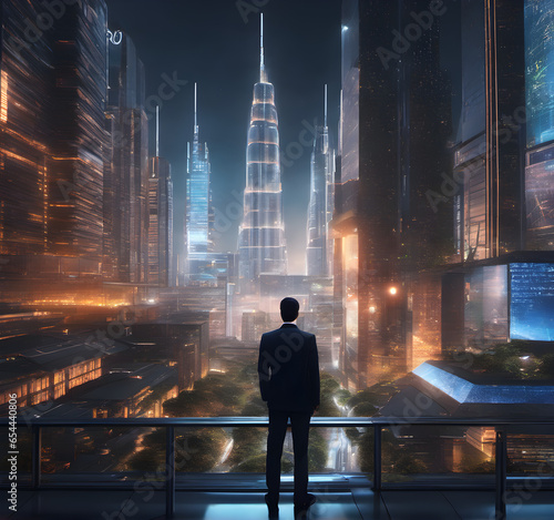 business man on future network city. Business technology concept  professional businessman walking through the future city and futuristic interface graphics at night. generative AI