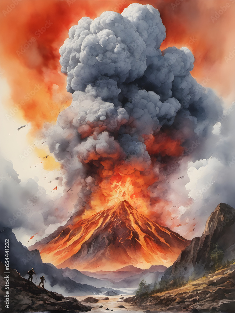 scary view of an erupting volcano. A dangerous volcano is erupting. Emission of hot lava. Black smoke over an erupting volcano. Watercolor illustration of a volcano. generative AI
