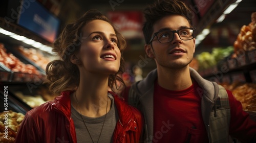 A young husband and wife carefully select groceries together in the store.