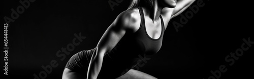 Woman bodybuilder lifting dumbbell isolated over black background, Generative AI
