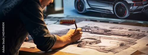 Car designer engineer or architect drawing on drawing board a design of futuristic car prototype photo
