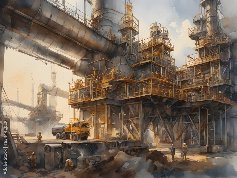Oil refinery in an industrial zone. Industrial zone of oil and gas. Close-up of industrial pipelines of an oil refinery. generative AI