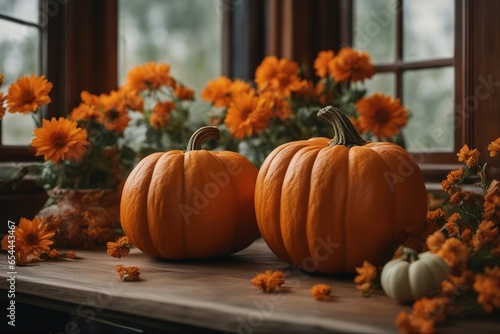 Halloween mystical background of a pumpkins with flowers close-up photography. Generative AI