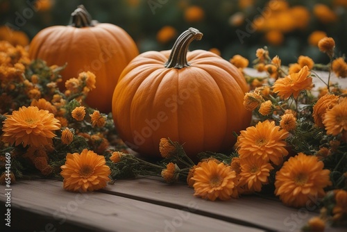 Halloween mystical background of a pumpkins with flowers close-up photography. Generative AI