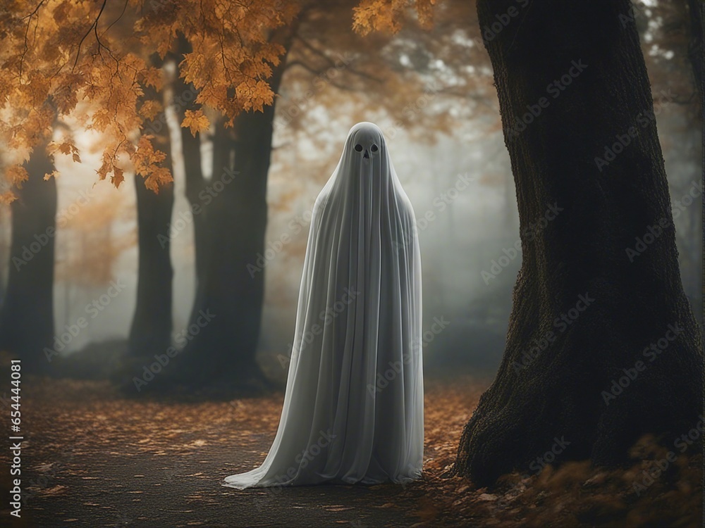 Ghost in haunted house. Horror scene of scary spirit, Halloween concept. Generative AI Ghost in haunted house. Horror scene of scary spirit, Halloween concept. Generative AI