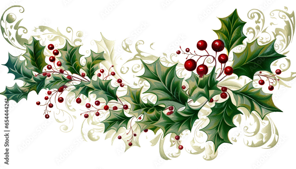 christmas background- Holly leaves with vibrant red berries, a classic Christmas floral arrangement, png transparent background - obrazy, fototapety, plakaty 