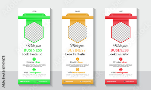 3 color bundle of business roll up banner stand design template with clean mockup layout 2023. X banner, dl flyer, pop up, pull up design for company marketing and advertising 