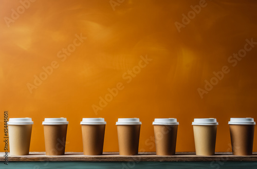 Artistic paper coffee cups lined up background with empty space for text 