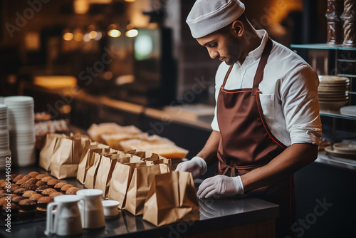 Barista packing takeaway orders coffee shop ambiance background with empty space for text 