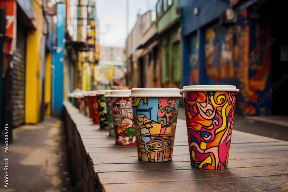 Naklejka premium Barista-served takeaway coffee cups against graffiti-lined cityscape energizing urban life 