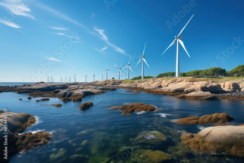 Wind turbines along the sea or ocean coast, alternative energy sources, green eco energy