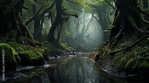 : A serene, misty morning in a dense forest, with ancient trees covered in dewdrops and a mystical atmosphere.