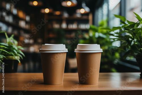 Freelancers at co-working space with takeaway coffee cups background with empty space for text 