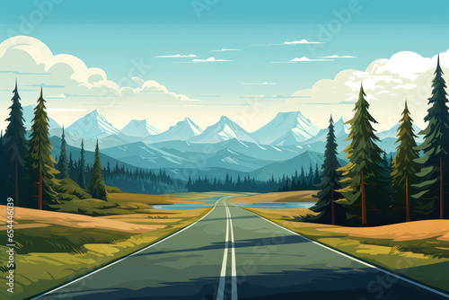 Long automobile road, highway along mountains and forests, travel concept, traveling by car, cartoon illustration