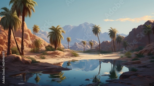   A vast  arid desert landscape with a solitary oasis of palm trees and a shimmering pool of water.
