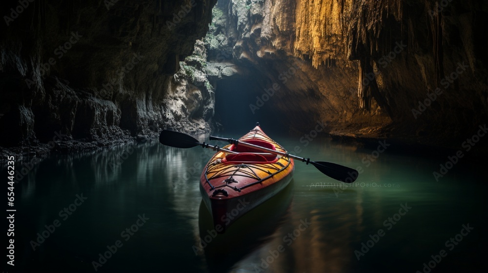 A birthday kayak at the entrance of a hidden cave, waiting to explore its secrets.