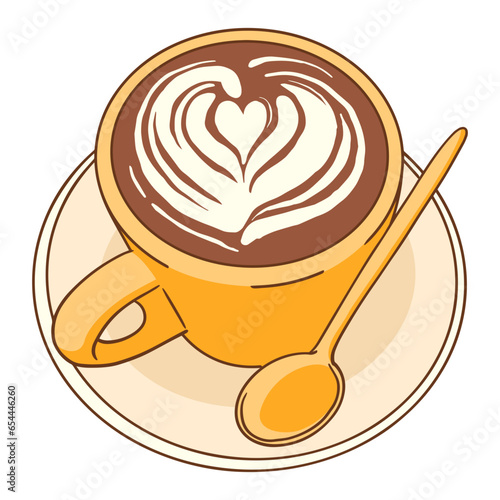 Top view of cappuccino drink with heart shaped latte art and spoon on the saucer