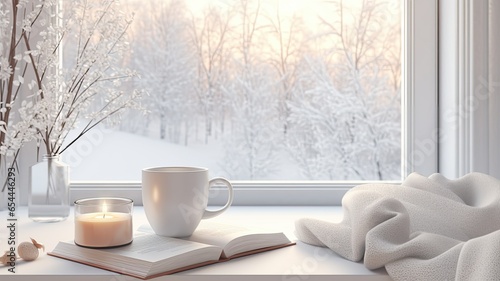 window sill with a steaming mug of hot tea, an open book and a warm blanket. The interior is modern and minimalist in light colors, while the snowy landscape outside adds to the serenity.