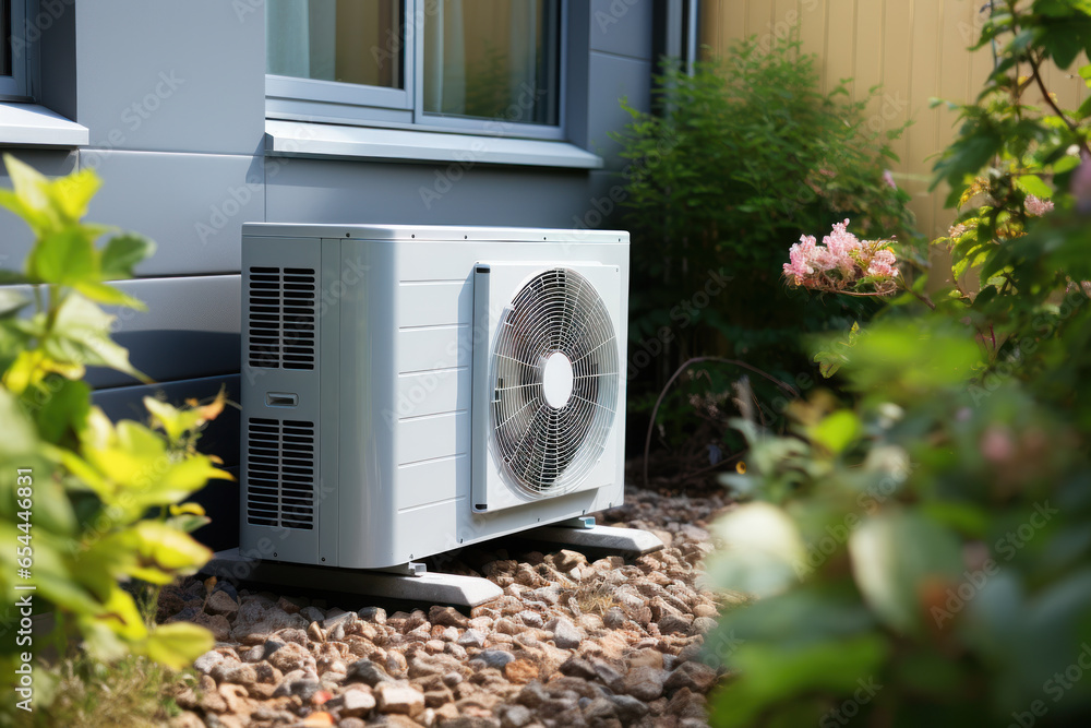 Outdoor unit of air source heat pump near the house, heating and cooling the house Outdoor unit of air source heat pump near the house, heating and cooling the house