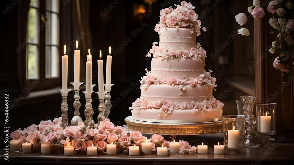 Beautiful Wedding Cake with Candles and Flowers