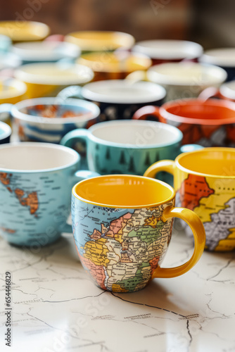 Travel destination coffee mugs arranged haphazardly background with empty space for text 