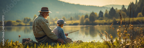 Grandfather and grandson fishing on the river, summer holidays with grandparents, banner
