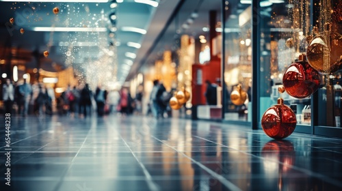 Abstract blurred image of a shopping mall with christmas decorations photo