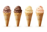 Various ice cream scoops in waffle cones isolated on white