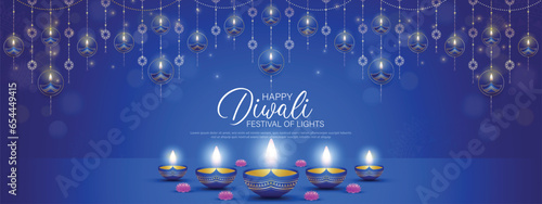 Happy Diwali - festival of lights colorful banner template design with decorative diya lamp.