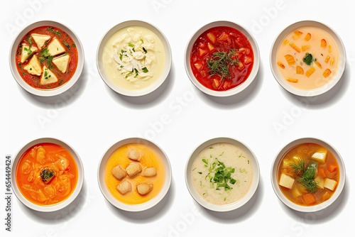 Various international soups nutritious options Mushroom cream soup Asian fish soup solyanka meat soup Russian borscht chicken soup isolated on white top vie photo