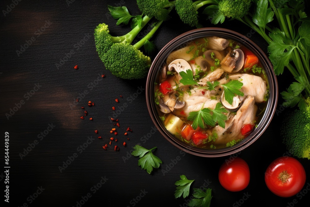 Vegetable filled chicken soup with broccoli from above on a brown background Vegetable filled chicken soup with broccoli from above on a brown background