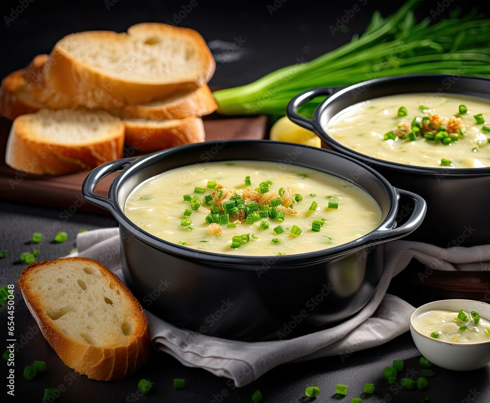 Vegetarian potato and leek creamy soup comforting meal on a bright grey background Vegetarian potato and leek creamy soup comforting meal on a bright grey background