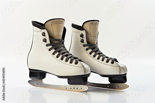 Vintage ice skates with white and black laces on a white background