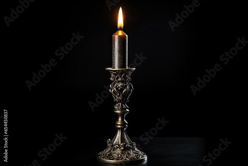 Vintage silver and bronze candlestick isolated on a black background with a burning old candle