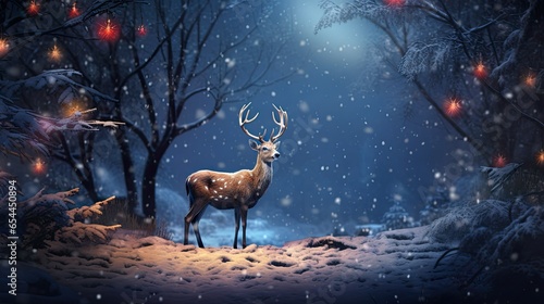 deer decorated with Christmas decorations in a serene winter forest. a deer stands among snow-covered trees, decorated with holiday decorations,