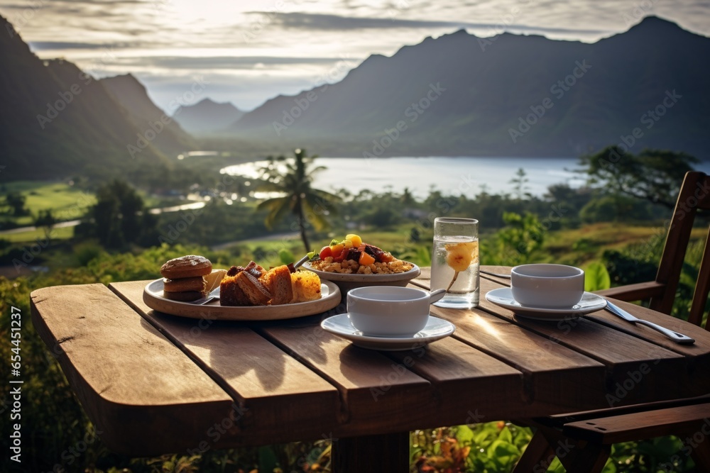 breakfast on a wooden table with a natural view.